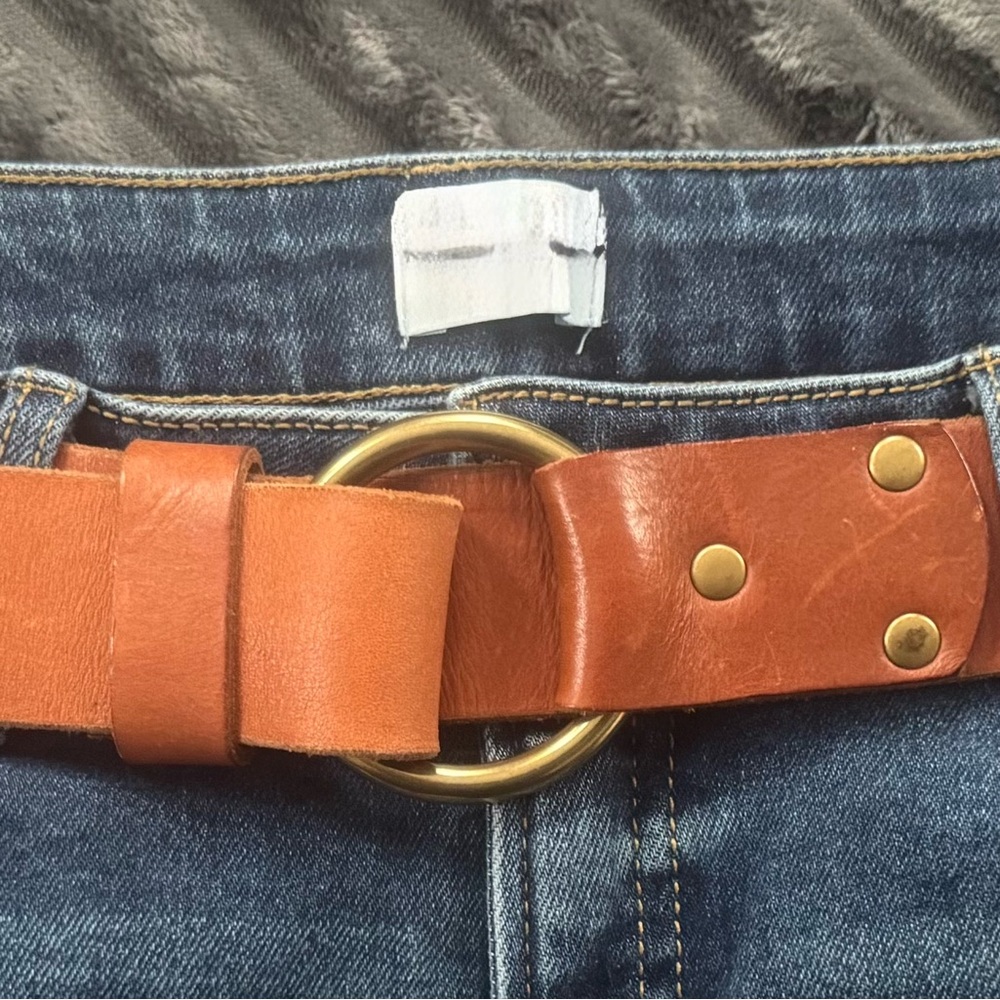 Land’s End Cognac Brown Genuine Leather Belt round ring gold loop Buckle